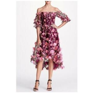 Marchesa Notte Maroon Pink Floral 3D Appliqued Off Shoulder Dress 2 NWT